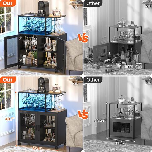 Small Bar Cart with Wheels, Liquor Cabinet with LED Light, Wine Bar Cabinet with Power Outlets, Home Mini Bar with Wine Rack, Glasses Storage for Kitchen, Dining Room, Living Room, Grey in Saudi Arabia
