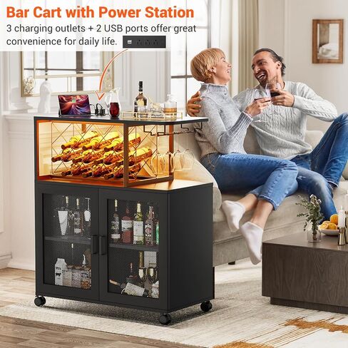 Small Bar Cart with Wheels, Liquor Cabinet with LED Light, Wine Bar Cabinet with Power Outlets, Home Mini Bar with Wine Rack, Glasses Storage for Kitchen, Dining Room, Living Room, Grey in Saudi Arabia