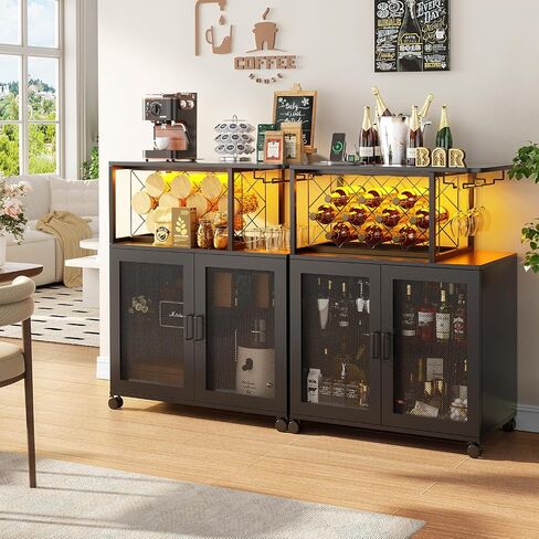 Small Bar Cart with Wheels, Liquor Cabinet with LED Light, Wine Bar Cabinet with Power Outlets, Home Mini Bar with Wine Rack, Glasses Storage for Kitchen, Dining Room, Living Room, Grey in Saudi Arabia