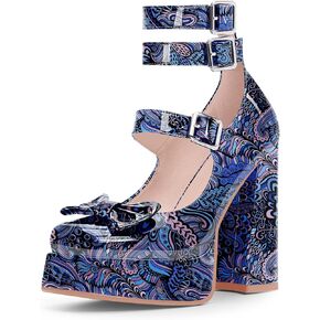 Women's Sweet Bow Platform Mary Jane Pumps Ankle Strap Closed Toe Patent Leather Block High Heels Goth Shoes