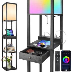 OUTON Deluxe Shelf Floor Lamp with 1 Drawer, 2 USB-C Ports, 2 AC Outlets, LED Modern Floor Lamp with 3 Color Temperature, Storage Display Wood Standing Lamp for Living Room, Bedroom, Office (Grey) in Kuwait