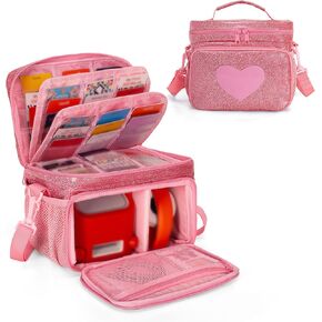 LoDrid Travel Carrying Case Compatible with Yoto Player Bluetooth Speaker, Audio Card Holder Holds up to 54 Cards with Shoulder Strap, Pink, Bag Only