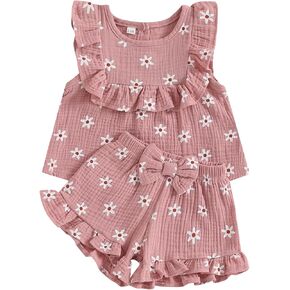 BemeyourBBs Summer Toddler Girl Clothes Baby Girl Ruffle Sleeveless Shirt with Buttons Bow Bloomers Shorts Set Cute Outfits