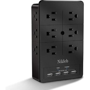 Multiple Plug Outlet Extender Nikleb, Surge Protector 12 Outlets, Plug Extender with 4 USB Ports Shared 4.8A, Wall Outlet Covers with Phone Holder, Charger Block Low Profile, USB Plug Space Saved