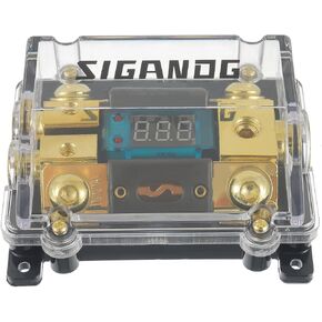 Car Audio Digital LED Voltage Display, ANL Fuse Holder Distribution Block 1 in 2 Out, with 2 Fuses and 2 Hexagon Wrench, Suitable for Car and Yacht Audio