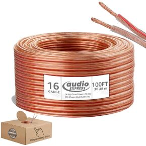 100ft 16-Gauge Speaker Wire, 30.48m, 2 Conductor, Polarity Marked, Clear PVC, CCA, Home Theater, HiFi, Surround, Auto, 74 High Strand Count (.15 OD), Flexible, Durable, Dispensing Box