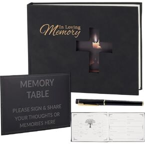 JIMBON Funeral Guest Book with Leather Cover,Cover Can Be Inserted with Images,Funeral Guest Book for Memorial Service 88 Pages,Celebration of Life Guest Book with A Memory Table Sign & Pocket