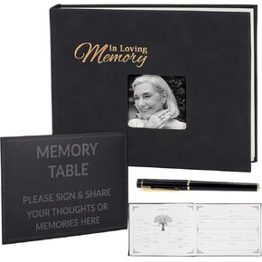 JIMBON Funeral Guest Book with Leather Cover,Cover Can Be Inserted with Images,Funeral Guest Book for Memorial Service 88 Pages,Celebration of Life Guest Book with A Memory Table Sign & Pocket