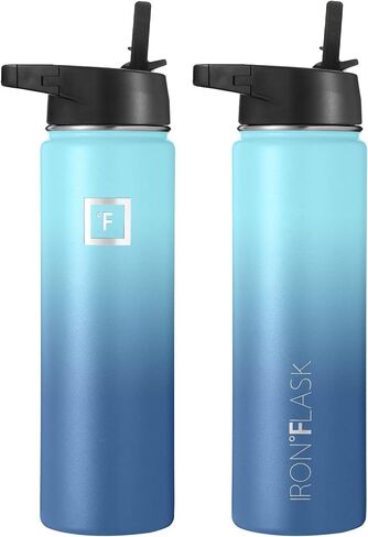 IRON °FLASK Camping & Hiking Hydration Flask, Wide Mouth, 3 Straw Lids, Stainless Steel Outdoor Water Bottle, Double Walled, Insulated Thermos, Metal Canteen - Black Speckle, 22 Oz in Kuwait
