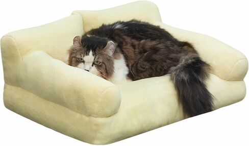 Hollypet Fluffy Plush Dog Cat Pet Couch Soft Calming Sofa Beds for Medium Small Cats and Dogs, Milk Tea in Saudi Arabia
