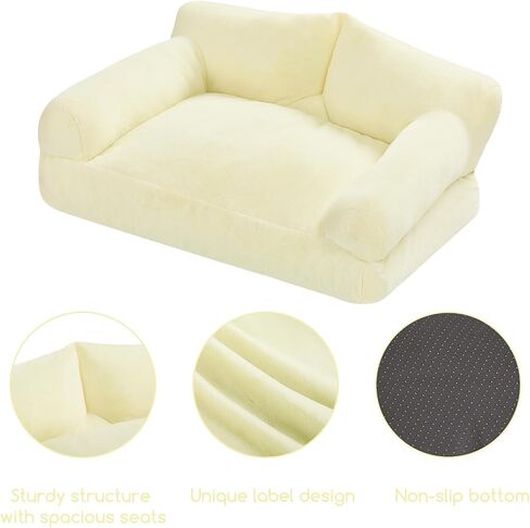 Hollypet Fluffy Plush Dog Cat Pet Couch Soft Calming Sofa Beds for Medium Small Cats and Dogs, Milk Tea in Saudi Arabia