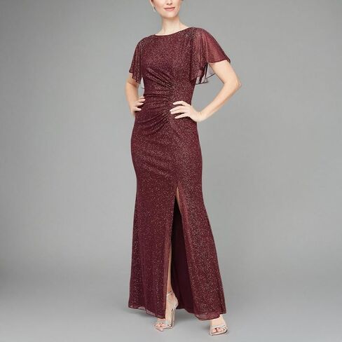 S.L. Fashions Women's Glitter Mesh Stretch Dress W/Shoulder Embellishment Formal Long Gown, (Petite and Regular Sizes) in Saudi Arabia