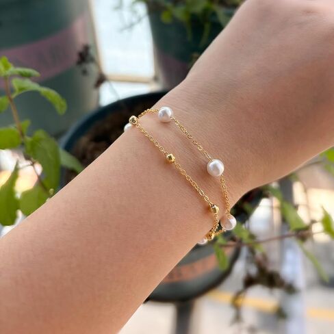 Gold Pearl Bracelet 14K Gold Plated Tiny Pearls Bracelets for Women Dainty Adjustable Chain Layered Bracelets Bridesmaid Minimalist Handmade Jewelry Gifts in Saudi Arabia
