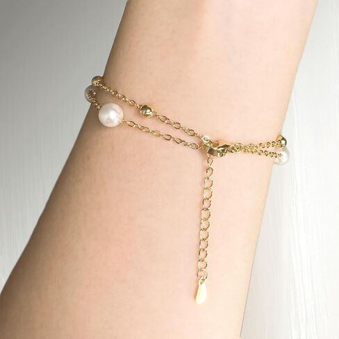 Gold Pearl Bracelet 14K Gold Plated Tiny Pearls Bracelets for Women Dainty Adjustable Chain Layered Bracelets Bridesmaid Minimalist Handmade Jewelry Gifts in Saudi Arabia