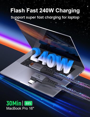 XAOSUN USB 4 Cable for Thunderbolt 4 240W, Right Angle Thunderbolt 4 Cable 90 Degree, 240W USB C to USB C Cable with 40Gbps Data, 8K@60Hz Display, for Thunderbolt MacBook Docks eGPU Hub 2ft / 0.6m in Kuwait