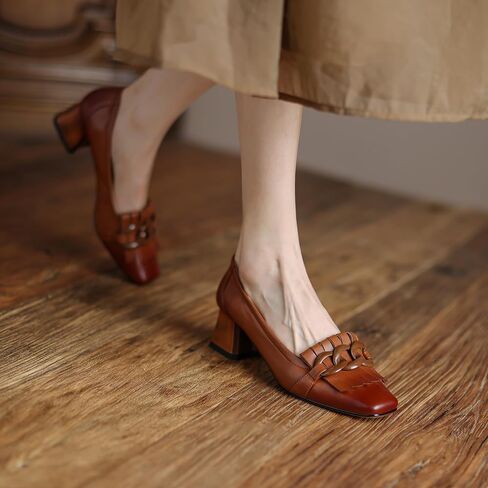Women's Loafers Shoes Genuine Leather Retro Square Toe Pumps Shoes for Women Pull on Chunky Heel with Chain Tassels Handmade Blue US9 in Saudi Arabia