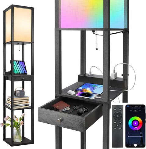 OUTON Deluxe Shelf Floor Lamp with 1 Drawer, 2 USB-C Ports, 2 AC Outlets, LED Modern Floor Lamp with 3 Color Temperature, Storage Display Wood Standing Lamp for Living Room, Bedroom, Office (Grey) in Kuwait
