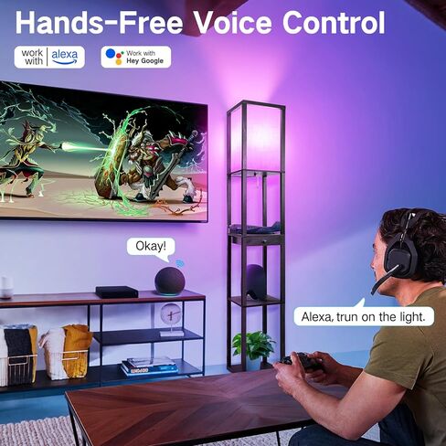 OUTON Deluxe Shelf Floor Lamp with 1 Drawer, 2 USB-C Ports, 2 AC Outlets, LED Modern Floor Lamp with 3 Color Temperature, Storage Display Wood Standing Lamp for Living Room, Bedroom, Office (Grey) in Kuwait