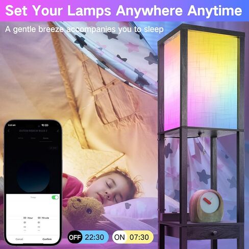 OUTON Deluxe Shelf Floor Lamp with 1 Drawer, 2 USB-C Ports, 2 AC Outlets, LED Modern Floor Lamp with 3 Color Temperature, Storage Display Wood Standing Lamp for Living Room, Bedroom, Office (Grey) in Kuwait