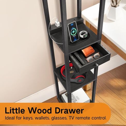 OUTON Deluxe Shelf Floor Lamp with 1 Drawer, 2 USB-C Ports, 2 AC Outlets, LED Modern Floor Lamp with 3 Color Temperature, Storage Display Wood Standing Lamp for Living Room, Bedroom, Office (Grey) in Kuwait