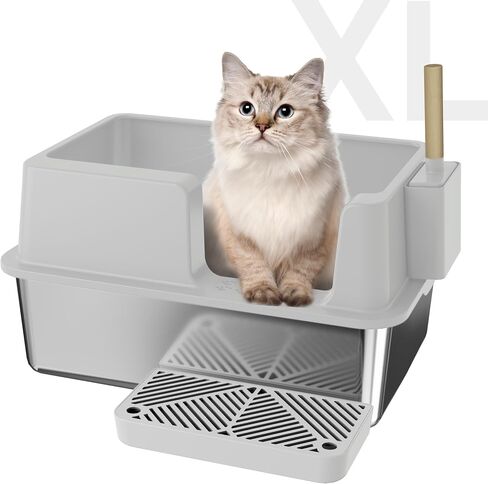 Sousia Stainless Steel Litter Box - Extra Large Steel Litter Box XL Non-Sticky Metal Litter Box Tray Anti-Leakage Easy Cleaning with Litter Scoop and High Wall Sides Enclosure for Big Cats in Saudi Arabia