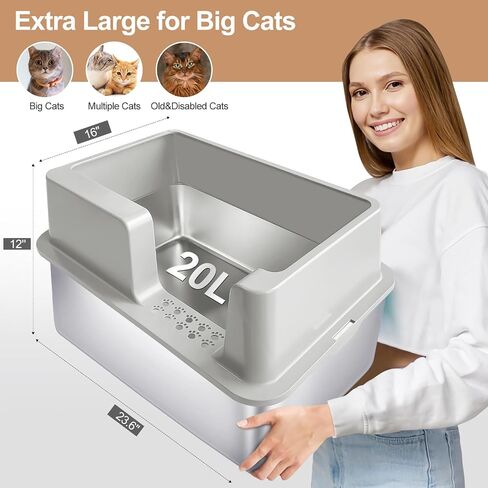Sousia Stainless Steel Litter Box - Extra Large Steel Litter Box XL Non-Sticky Metal Litter Box Tray Anti-Leakage Easy Cleaning with Litter Scoop and High Wall Sides Enclosure for Big Cats in Saudi Arabia