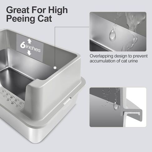 Sousia Stainless Steel Litter Box - Extra Large Steel Litter Box XL Non-Sticky Metal Litter Box Tray Anti-Leakage Easy Cleaning with Litter Scoop and High Wall Sides Enclosure for Big Cats in Saudi Arabia