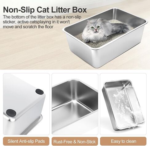 Sousia Stainless Steel Litter Box - Extra Large Steel Litter Box XL Non-Sticky Metal Litter Box Tray Anti-Leakage Easy Cleaning with Litter Scoop and High Wall Sides Enclosure for Big Cats in Saudi Arabia