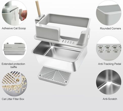 Sousia Stainless Steel Litter Box - Extra Large Steel Litter Box XL Non-Sticky Metal Litter Box Tray Anti-Leakage Easy Cleaning with Litter Scoop and High Wall Sides Enclosure for Big Cats in Saudi Arabia