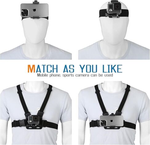 Mobile Phone Chest Strap Harness Mount Head Strap Holder Kit for POV/VLOG,Cell Phone Clip Compatible with iPhone,Samsung,GoPro Hero 9, 8,7, 6, 5, 4, 3,2, 1,AKASO,DJI Osmo,and Action Cameras in Kuwait