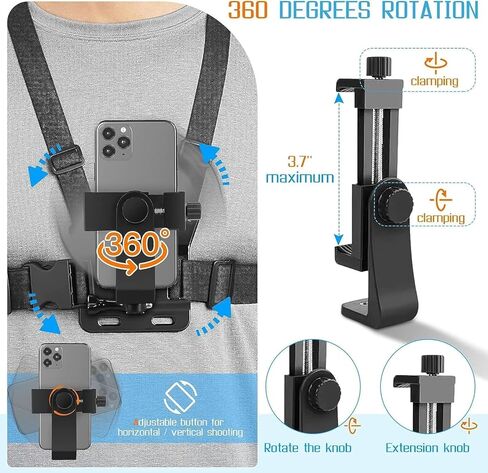 Mobile Phone Chest Strap Harness Mount Head Strap Holder Kit for POV/VLOG,Cell Phone Clip Compatible with iPhone,Samsung,GoPro Hero 9, 8,7, 6, 5, 4, 3,2, 1,AKASO,DJI Osmo,and Action Cameras in Kuwait