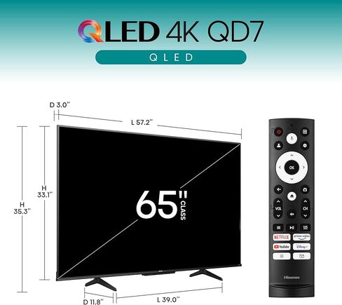 تلفزيون هايسنس فئة QD7 مقاس 65 بوصة QLED 4K UHD Google الذكي (65QD7N، موديل 2024) - QLED، 144 هرتز أصلي، معدل الحركة 240، مصفوفة كاملة مباشرة، وضع الألعاب الاحترافي، توافق Alexa in Kuwait