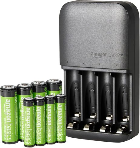 Amazon Basics 8 Count Rechargeable NiMh Batteries (4 AA & 4 AAA) with 4-Bay Battery Charger, Low Self Discharge, Pre-Charged, Type A (American) Plug, Black in Kuwait
