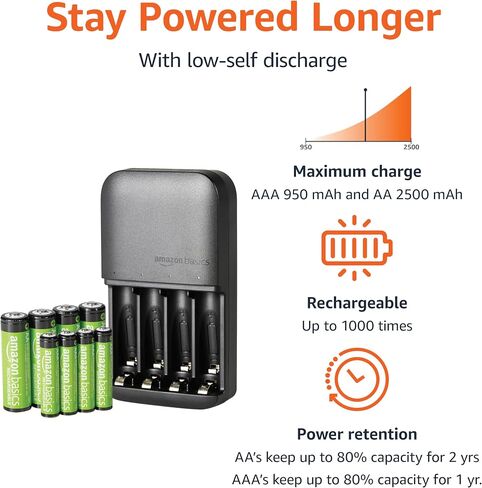 Amazon Basics 8 Count Rechargeable NiMh Batteries (4 AA & 4 AAA) with 4-Bay Battery Charger, Low Self Discharge, Pre-Charged, Type A (American) Plug, Black in Kuwait