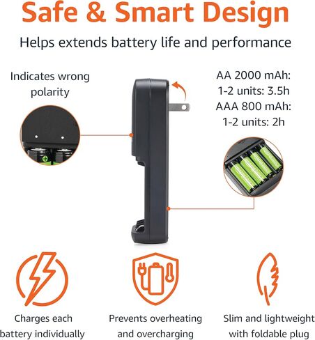 Amazon Basics 8 Count Rechargeable NiMh Batteries (4 AA & 4 AAA) with 4-Bay Battery Charger, Low Self Discharge, Pre-Charged, Type A (American) Plug, Black in Kuwait