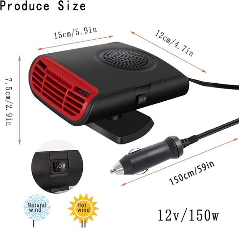 سخان سيارة محمول 12 فولت 150 وات، دوران 360 درجة 3 في 1، تسخين سريع، مروحة تبريد، مزيل الضباب ومزيل الصقيع مع وظيفة الروائح، ولاعة السجائر، سخان هواء صغير - أسود in Kuwait