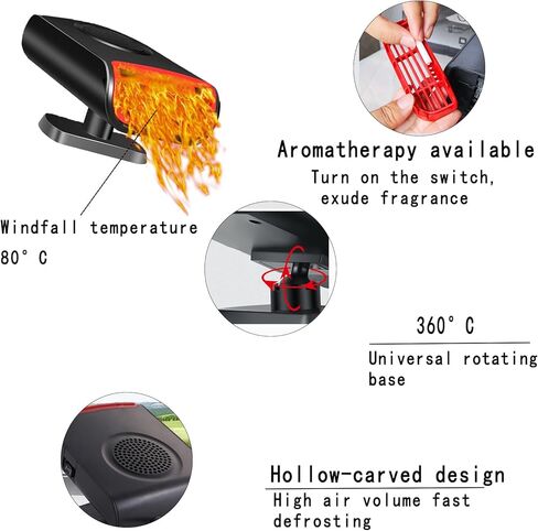 سخان سيارة محمول 12 فولت 150 وات، دوران 360 درجة 3 في 1، تسخين سريع، مروحة تبريد، مزيل الضباب ومزيل الصقيع مع وظيفة الروائح، ولاعة السجائر، سخان هواء صغير - أسود in Kuwait
