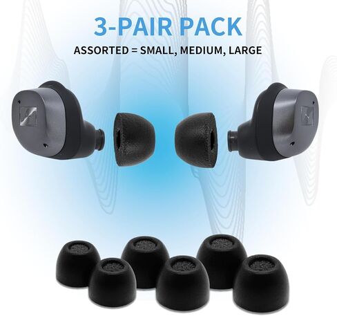 Comply Foam New TrueGrip Premium Memory Foam Tips for Sennheiser Momentum 3, 4 & ACCENTUM, Assorted S, M, L, Black 3-Pairs - Superior Noise Isolation, Increased Comfort, Secure Fit w/Cleaning Tool in Saudi Arabia