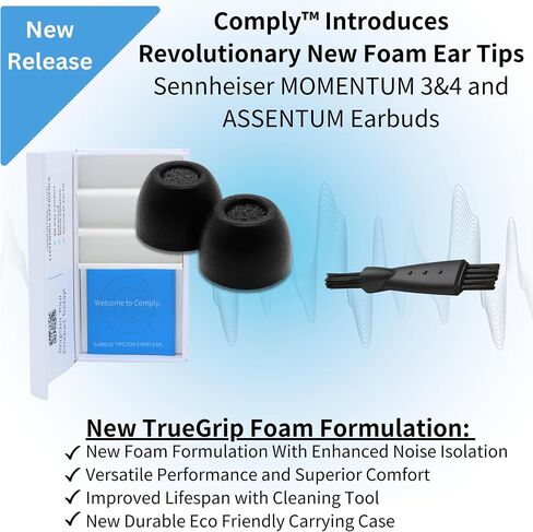 Comply Foam New TrueGrip Premium Memory Foam Tips for Sennheiser Momentum 3, 4 & ACCENTUM, Assorted S, M, L, Black 3-Pairs - Superior Noise Isolation, Increased Comfort, Secure Fit w/Cleaning Tool in Saudi Arabia