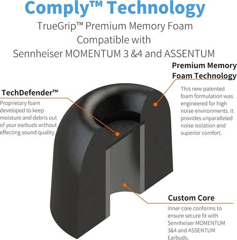 Comply Foam New TrueGrip Premium Memory Foam Tips for Sennheiser Momentum 3, 4 & ACCENTUM, Assorted S, M, L, Black 3-Pairs - Superior Noise Isolation, Increased Comfort, Secure Fit w/Cleaning Tool in Saudi Arabia