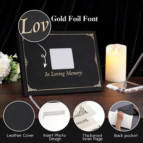 JIMBON Funeral Guest Book with Leather Cover,Cover Can Be Inserted with Images,Funeral Guest Book for Memorial Service 88 Pages,Celebration of Life Guest Book with A Memory Table Sign & Pocket in Saudi Arabia
