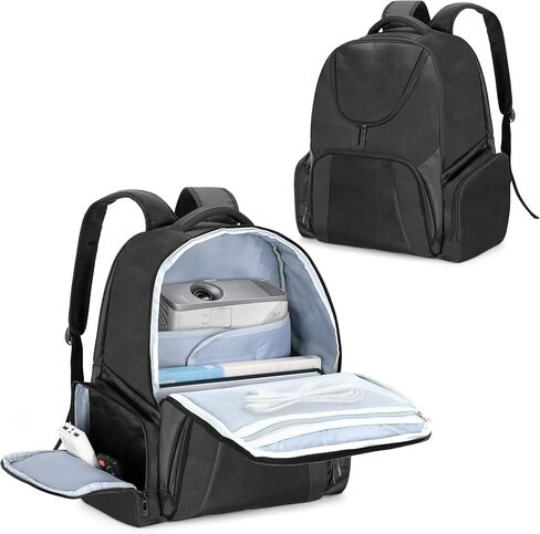 CURMIO Projector Case, Projector Carrying Bag Compatible with Epson and Most Major Projectors, Portable Travel Backpack with Laptop Compartment and Multiple Pockets, Green Strips, Bag Only in Saudi Arabia