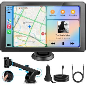 Portable Apple Carplay Screen for Car, 7" HD Car Stereo Touchscreen with Wireless CarPlay & Android Auto, Mirror Link, Bluetooth, Voice Control, Memory Card Playback, AUX - Fits All Vehicles