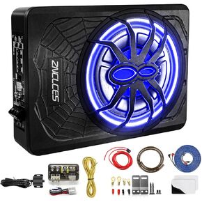 2025 Upgraded 10" 1200W Slim Under Seat Powered Car Subwoofer, Car/Truck Audio Sub Built in Amplifier for outstanding Heat Dissipation, Powerful bass and Blue LED Ambient Light enjoy Audio Experience
