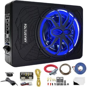 10" 1200W Car Subwoofer, 2025 Upgraded Slim Under Seat Powered Car Subwoofer, High/Low Level Input, Car/Truck Audio Sub Built-in Amplifier, with Blue LED Light