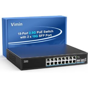 16 Port 2.5G PoE Switch Unmanaged with 2X 10Gbps SFP, VIMIN 16x 2.5G Base-T PoE Ports, 10G SFP PoE Switch w/ 120Gbps Ethernet Switching Capacity, IEEE802.3af/at, 220W, VLAN, Metal Housing, Fanless in Kuwait