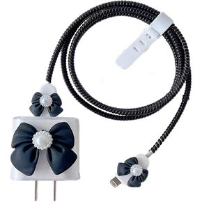 5 in 1 DIY Charger Cord Protector for iPhone Charger,3D Butterfly Bow Tie with Pearl Design Charger Cable Protector for Women Girl,Charger Saver Lightning,Cable Charger Protector Cover-Red