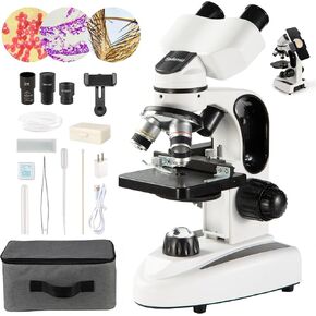 Compound Binocular Microscope 40X-2000X LED Lighting for Kids Students Adults School Laboratory Home Education with Microscope Slides Set Phone Adapter Spiral Moving Scale