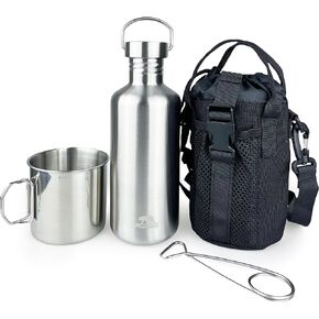 Canteen 42oz Single Wall Water Bottle with 24oz Nested Camping Cup and Carrier Bag, Bushcraft Gear, Wide Mouth Water Bottle, Survival Gear, Water Boiler, Self Reliance, Stainless Steel - Black