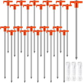 20 Pack Tent Stakes,10Inch Heavy Duty Ground Stakes,Non-Rust Metal Tent Pegs,Steel Tent Stakes Tent Spikes for Outdoor Camping Garden Camping Family Tent,with 2 Pcs 10FT Ropes(Orange)